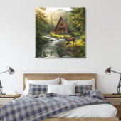 Log Cabin, Stream, Mountains and Deer Nature Art キャンバスプリント (インサイチュ (寝室))