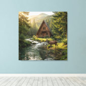 Log Cabin, Stream, Mountains and Deer Nature Art キャンバスプリント (インサイチュ (ウッドフロア))