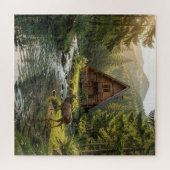 Log Cabin, Stream, Mountains and Deer Nature Art ジグソーパズル (横)
