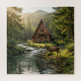 Log Cabin, Stream, Mountains and Deer Nature Art ジグソーパズル