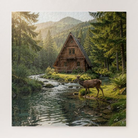 Log Cabin, Stream, Mountains and Deer Nature Art ジグソーパズル (縦)