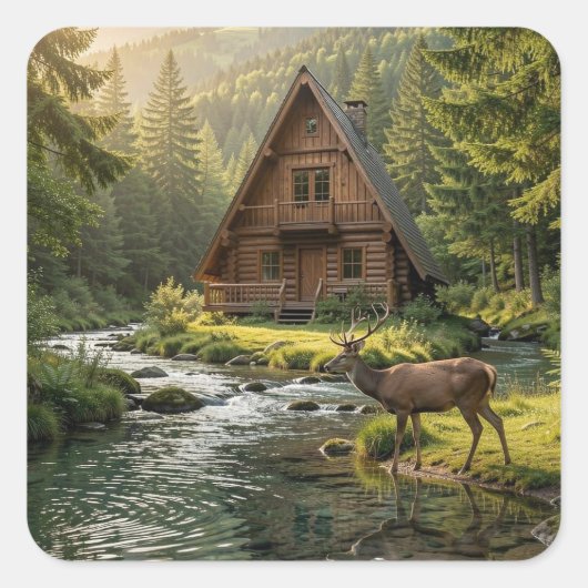 Log Cabin, Stream, Mountains and Deer Nature Art スクエアシール (正面)