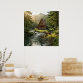 Log Cabin, Stream, Mountains and Deer Nature Art ポスター (キッチン)