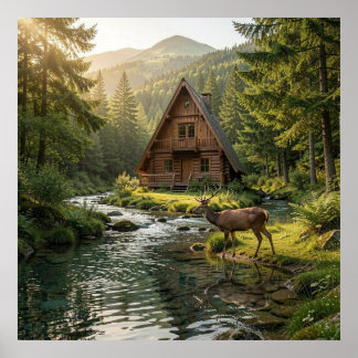Log Cabin, Stream, Mountains and Deer Nature Art ポスター