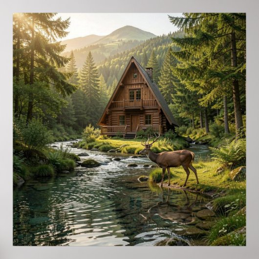 Log Cabin, Stream, Mountains and Deer Nature Art ポスター (正面)