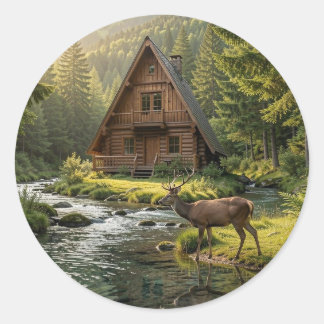 Log Cabin, Stream, Mountains and Deer Nature Art ラウンドシール