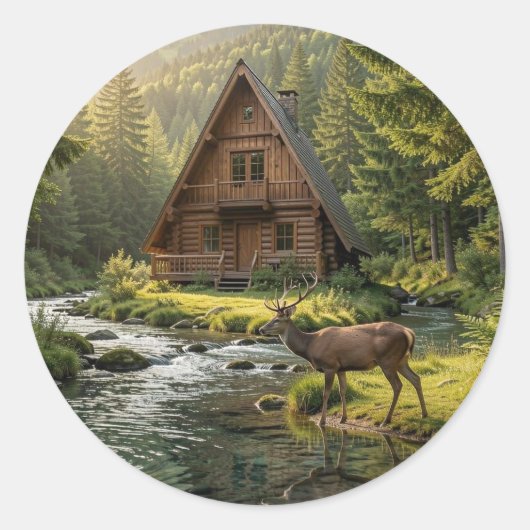 Log Cabin, Stream, Mountains and Deer Nature Art ラウンドシール (正面)