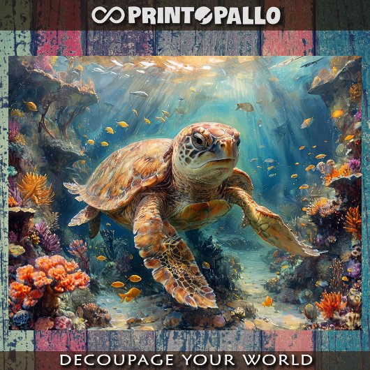 Loggerhead sea turtle diving in reef - Decoupage ラッピングペーパーシート
