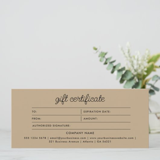 Logo Boho Beige Script Modern Gift Certificate (スタンド正面)
