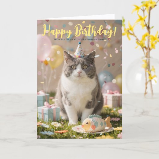 Logo Fun Cute Corporate Cat Kitty Birthday カード (黄色い花)