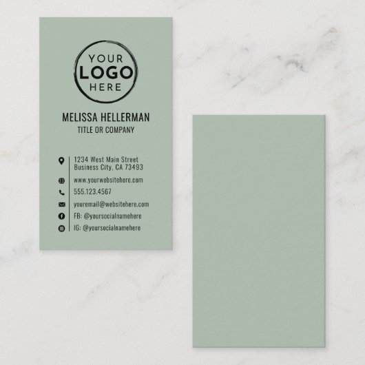 Logo Minimal Modern Vertical Sage Green 名刺 (正面/裏面)