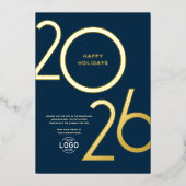 Logo Modern Navy Blue Business Holiday Gold Card 箔招待状 (正面)