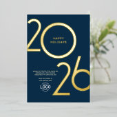 Logo Modern Navy Blue Business Holiday Gold Card 箔招待状 (立ち正面)