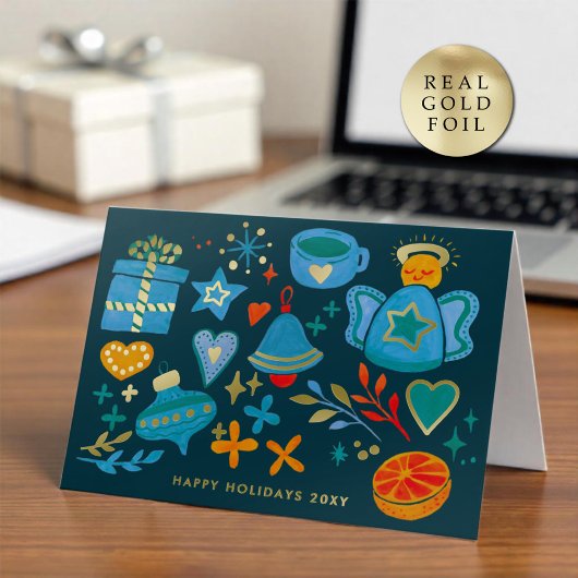 Logo Whimsical Hand Painted Blue Orange Business 箔シーズンカード