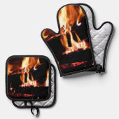 Logs in the Fireplace Warm Fire Photography 鍋つかみ&鍋敷きセット (正面/裏面)