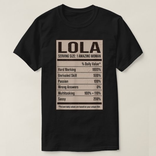 Lola Nutrition Facts Name Nickname Alias Title Fri Tシャツ (デザイン正面)