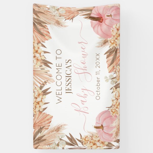 Lona Boho Pampas Pink Pumpkin baby shower Welcome  横断幕 (縦)