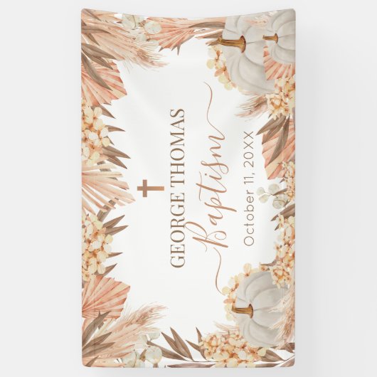 Lona Floral Boho Pampas White Pumpkin baptism 横断幕 (縦)