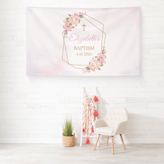 Lona Geometric Pink Floral Baptism Backdrop 横断幕 (インサイチュ)