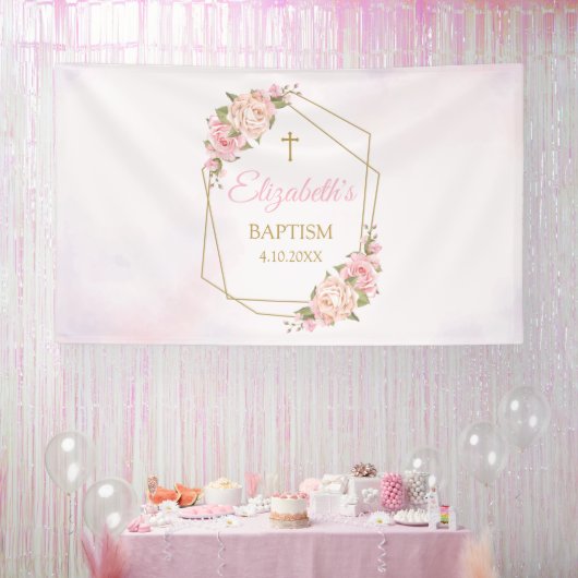 Lona Geometric Pink Floral Baptism Backdrop 横断幕 (パーティー)