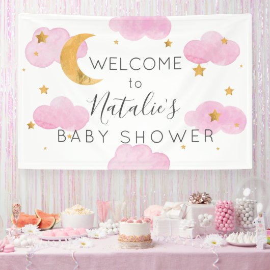 Lona Moon & Stars nubes rosas, pancarta de ducha d 横断幕 (パーティー)