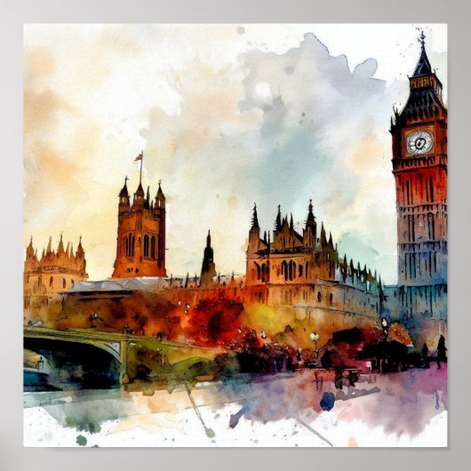 London-Big Ben-(D)、水彩画 ポスター (正面)