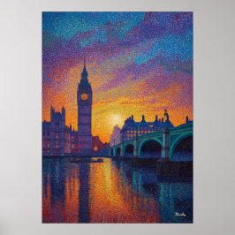 London Big Ben Pointillism Skyline Sunset Art ポスター