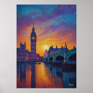 London Big Ben Pointillism Skyline Sunset Art ポスター