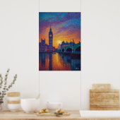 London Big Ben Pointillism Skyline Sunset Art ポスター (キッチン)