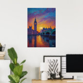 London Big Ben Pointillism Skyline Sunset Art ポスター (ホームオフィス)