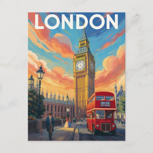 London Big Ben Vintage Art ポストカード (正面)