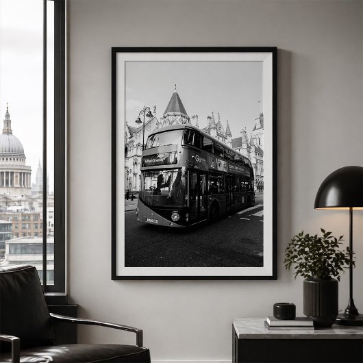 London Double Decker Bus Black and White ポスター