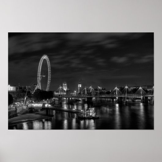 London Eye at night in Black and White ポスター (正面)