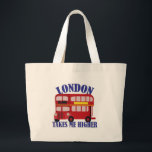 London Goes Higher Funny Travel Cartoon Bus ラージトートバッグ<br><div class="desc">An epic fun and cute funny travel London England British double decker bus takes me higher funny illustrated humor motto vacation traveler European cheeky cartoon design motto design deluxe carry all canvas tote bag. . Get an epic British travel tour totebag today.</div>