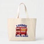 London Goes Higher Funny Travel Cartoon Bus ラージトートバッグ<br><div class="desc">An epic fun and cute funny travel London England British double decker bus takes me higher funny illustrated humor motto vacation traveler European cheeky cartoon design motto design deluxe carry all canvas tote bag. . Get an epic British travel tour totebag today.</div>