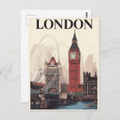 London Iconic Landmarks Retro Travel Art ポストカード (正面/裏面)