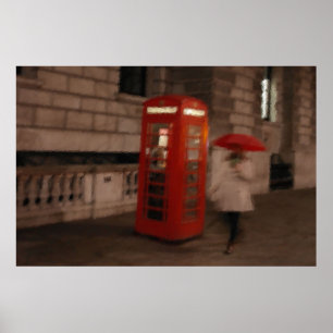 London - Rainy Day Red Phone Box /傘ポスター ポスター