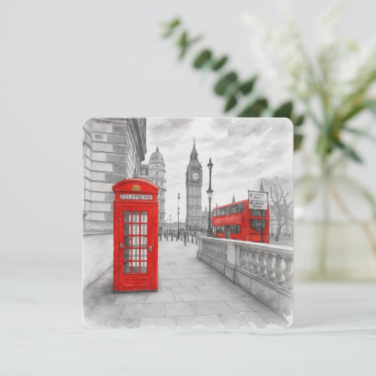 London Red Phone Booth & Bus Watercolor カード (スタンド正面)