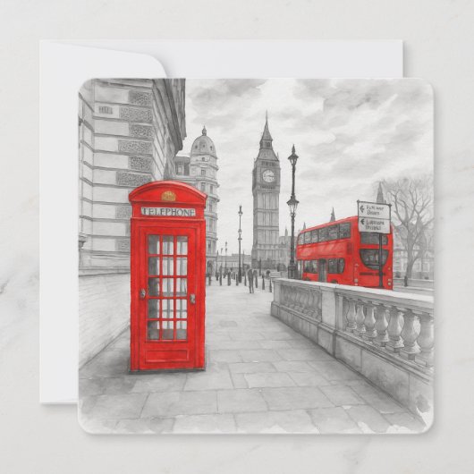 London Red Phone Booth & Bus Watercolor カード (正面)