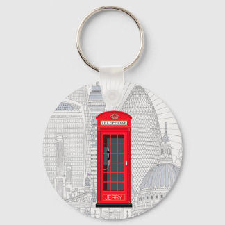 London Red Phone Booth Skyline with Custom Name キーホルダー
