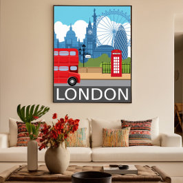 London skyline retro travel poster red bus ポスター