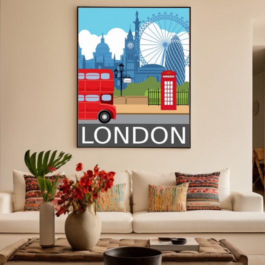 London skyline retro travel poster red bus ポスター