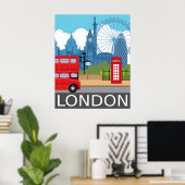 London skyline retro travel poster red bus ポスター (ホームオフィス)