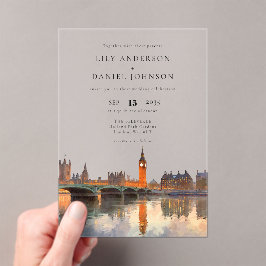 London Skyline Watercolor Destination Wedding アクリル招待状