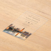 London Skyline Watercolor Destination Wedding アクリル招待状 (レイダウン)
