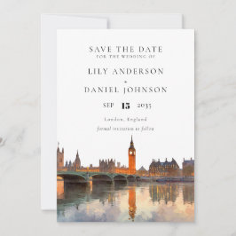 London Skyline Watercolor Elegant Wedding セーブザデート