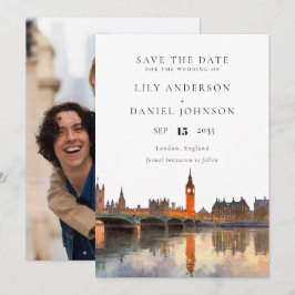 London Skyline Watercolor Photo Wedding セーブザデート