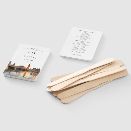 London Skyline Watercolor Wedding Program ハンドファン (組立なし)