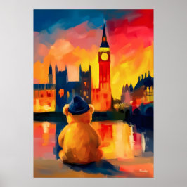 London Teddy Beanie Sunset Thames Reflection ポスター