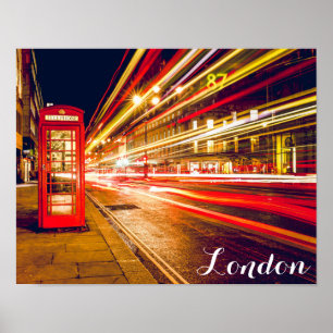 London Telephone Booth Bus City Street at Night ポスター